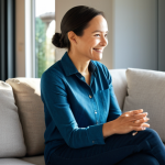 A professional woman, mid-30s, with a warm smile, sitting comfortably in a modern, sunlit living room. She is engaging in a natural, seamless conversation with an unseen AI assistant, her posture relaxed and confident. She wears modest, professional casual attire. The room is tidy and features subtle smart home technology. The atmosphere is one of ease and efficiency. Professional photography, high resolution, soft ambient lighting, sharp focus, vibrant colors, fully clothed, appropriate content, safe for work, family-friendly, perfect anatomy, correct proportions, natural pose, well-formed hands, proper finger count, natural body proportions.