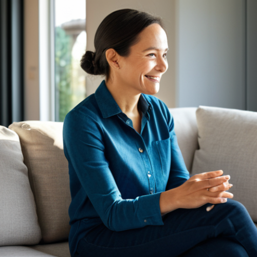 Home 11 A professional woman, mid-30s, with a warm smile, sitting comfortably in a modern, sunlit living room. She is engaging in a natural, seamless conversation with an unseen AI assistant, her posture relaxed and confident. She wears modest, professional casual attire. The room is tidy and features subtle smart home technology. The atmosphere is one of ease and efficiency. Professional photography, high resolution, soft ambient lighting, sharp focus, vibrant colors, fully clothed, appropriate content, safe for work, family-friendly, perfect anatomy, correct proportions, natural pose, well-formed hands, proper finger count, natural body proportions.