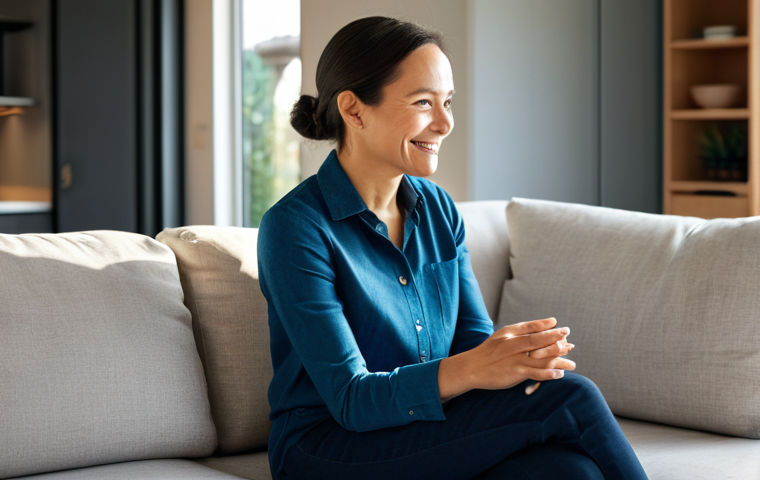 A professional woman, mid-30s, with a warm smile, sitting comfortably in a modern, sunlit living room. She is engaging in a natural, seamless conversation with an unseen AI assistant, her posture relaxed and confident. She wears modest, professional casual attire. The room is tidy and features subtle smart home technology. The atmosphere is one of ease and efficiency. Professional photography, high resolution, soft ambient lighting, sharp focus, vibrant colors, fully clothed, appropriate content, safe for work, family-friendly, perfect anatomy, correct proportions, natural pose, well-formed hands, proper finger count, natural body proportions.