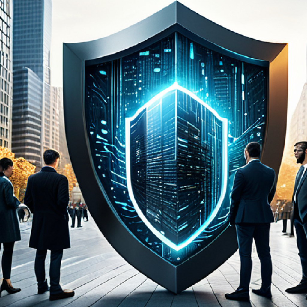Data Encryption Shield**

A futuristic cityscape with data streams flowing, protected by a large, glowing shield representing data encryption. The shield has intricate patterns and a sense of impenetrable security. In the foreground, diverse professionals in modern attire are working on secure devices. Safe for work, appropriate content, fully clothed, professional, perfect anatomy, correct proportions, high quality.

**