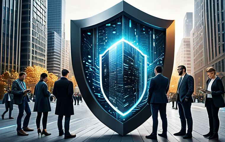 Data Encryption Shield**

A futuristic cityscape with data streams flowing, protected by a large, glowing shield representing data encryption. The shield has intricate patterns and a sense of impenetrable security. In the foreground, diverse professionals in modern attire are working on secure devices. Safe for work, appropriate content, fully clothed, professional, perfect anatomy, correct proportions, high quality.

**