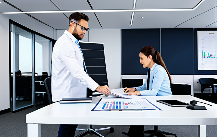 대화형 AI 프로젝트를 위한 예산 계획 수립하기 - **Prompt:** A team of professionals in a modern office setting, reviewing budget spreadsheets and ch...