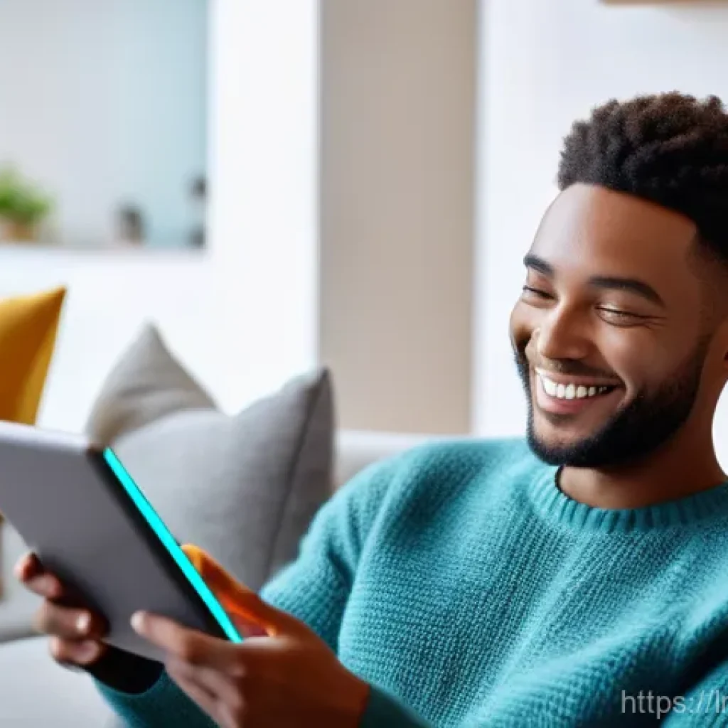 대화형 AI를 위한 사용자 인터페이스 디자인 가이드 - A diverse person, smiling softly, comfortably interacting with a sleek, modern tablet in a cozy, sun...
