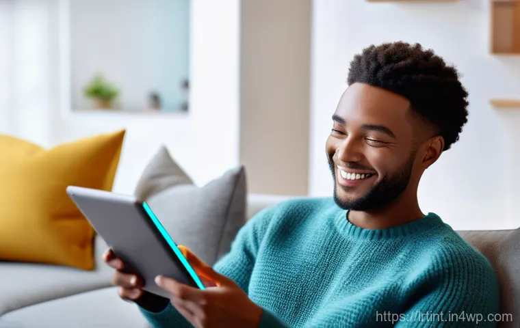 대화형 AI를 위한 사용자 인터페이스 디자인 가이드 - A diverse person, smiling softly, comfortably interacting with a sleek, modern tablet in a cozy, sun...