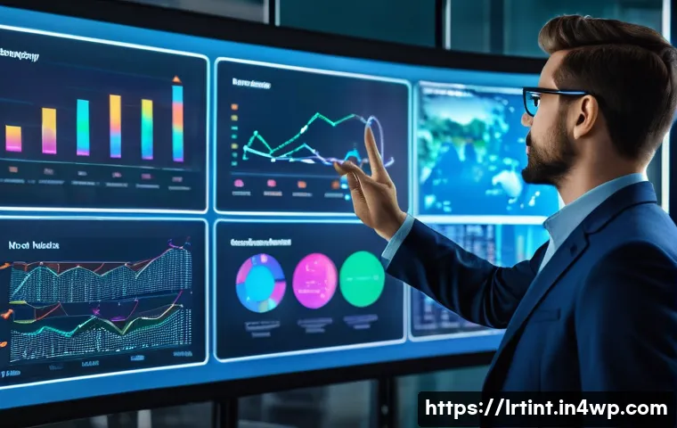 대화형 AI의 성과 분석을 위한 데이터 시각화 도구 - **Image Prompt:** A clean, modern data visualization dashboard displayed on a large holographic scre...