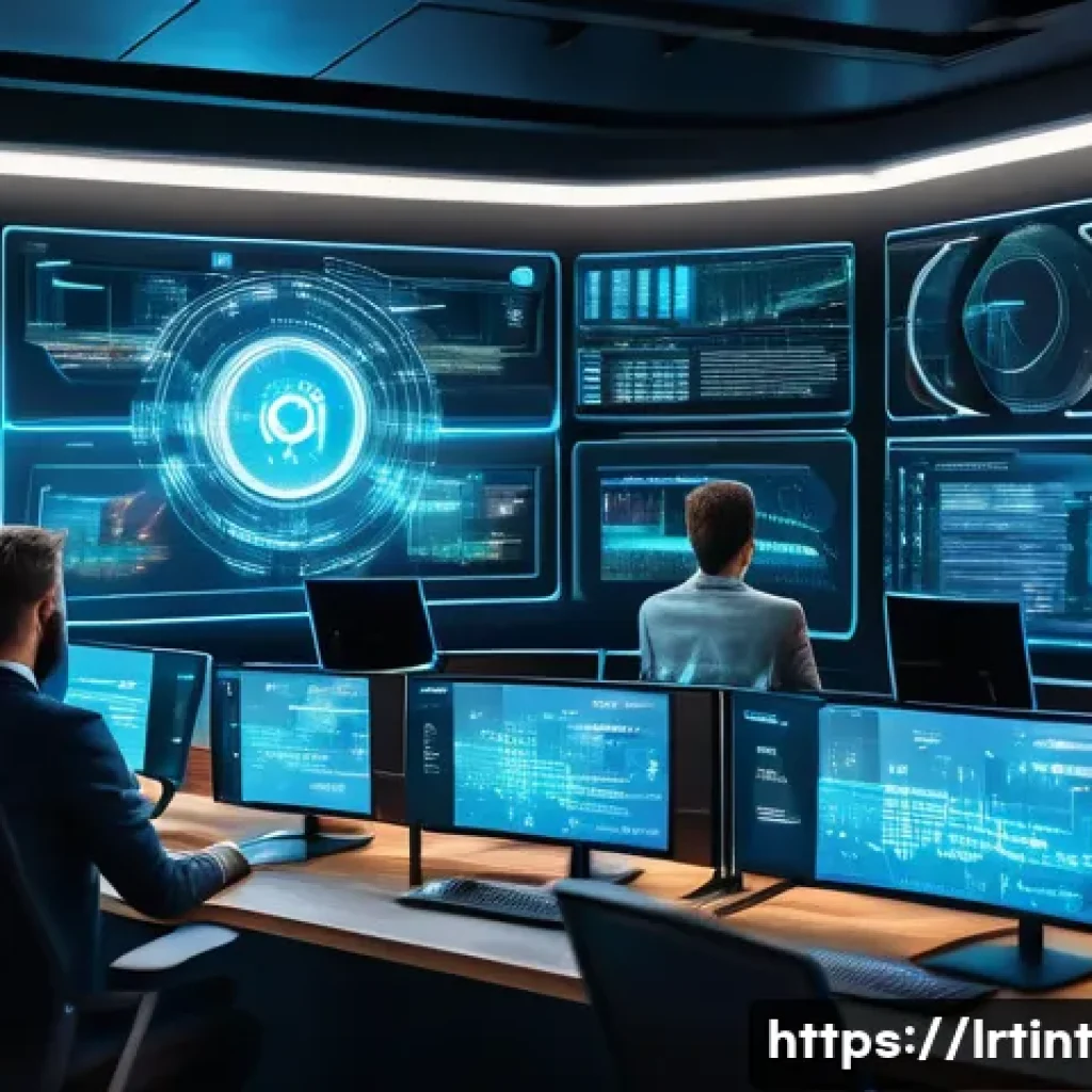 대화형 AI 개발의 리스크 관리 방안 - A high-tech cybersecurity control room featuring multiple transparent digital screens displaying lay...