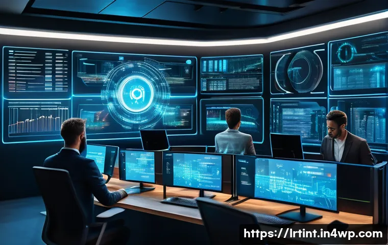 대화형 AI 개발의 리스크 관리 방안 - A high-tech cybersecurity control room featuring multiple transparent digital screens displaying lay...