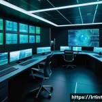 대화형 AI 프레임워크의 보안 고려사항 - A futuristic control room with holographic screens displaying encrypted data streams, multi-layered ...