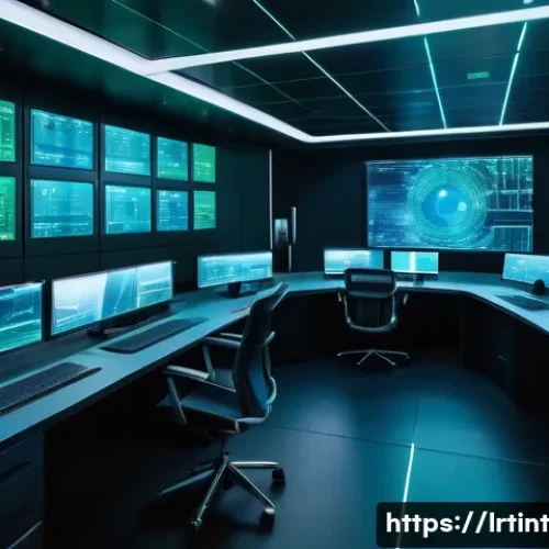 대화형 AI 프레임워크의 보안 고려사항 - A futuristic control room with holographic screens displaying encrypted data streams, multi-layered ...