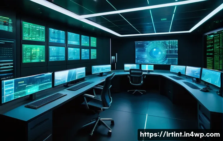 대화형 AI 프레임워크의 보안 고려사항 - A futuristic control room with holographic screens displaying encrypted data streams, multi-layered ...