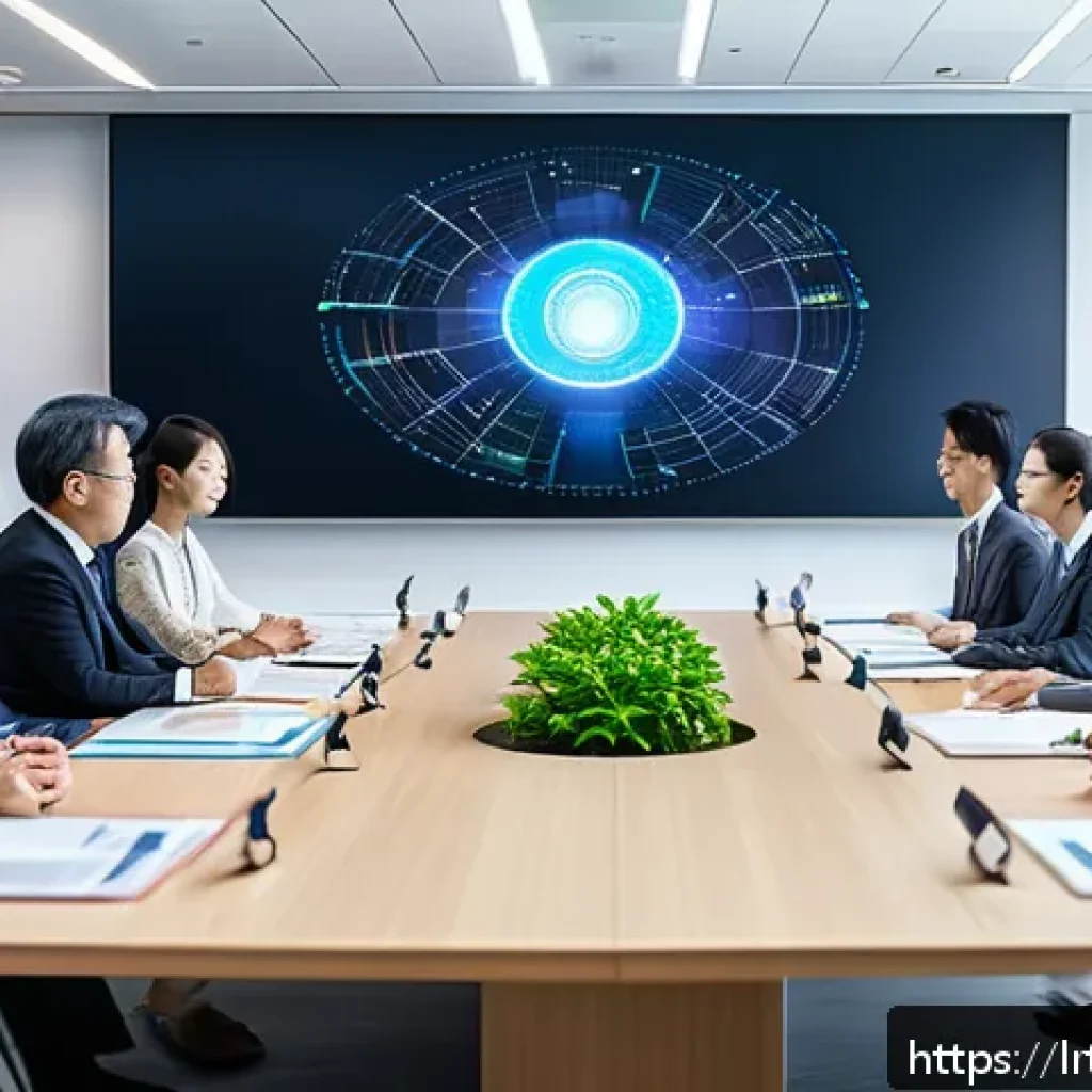 대화형 AI의 윤리적 고려사항과 프레임워크 - A modern corporate ethics committee meeting room, diverse group of professionals including men and w...