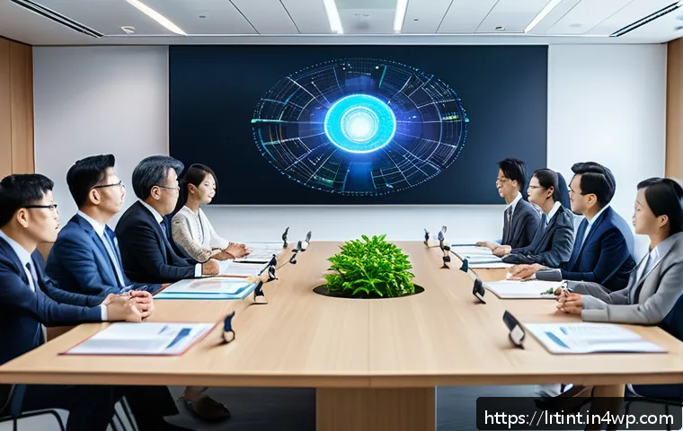 대화형 AI의 윤리적 고려사항과 프레임워크 - A modern corporate ethics committee meeting room, diverse group of professionals including men and w...