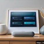 대화형 AI의 트렌디한 기능 추가 방법 - A modern living room scene showcasing a user interacting with a conversational AI on a sleek smart s...